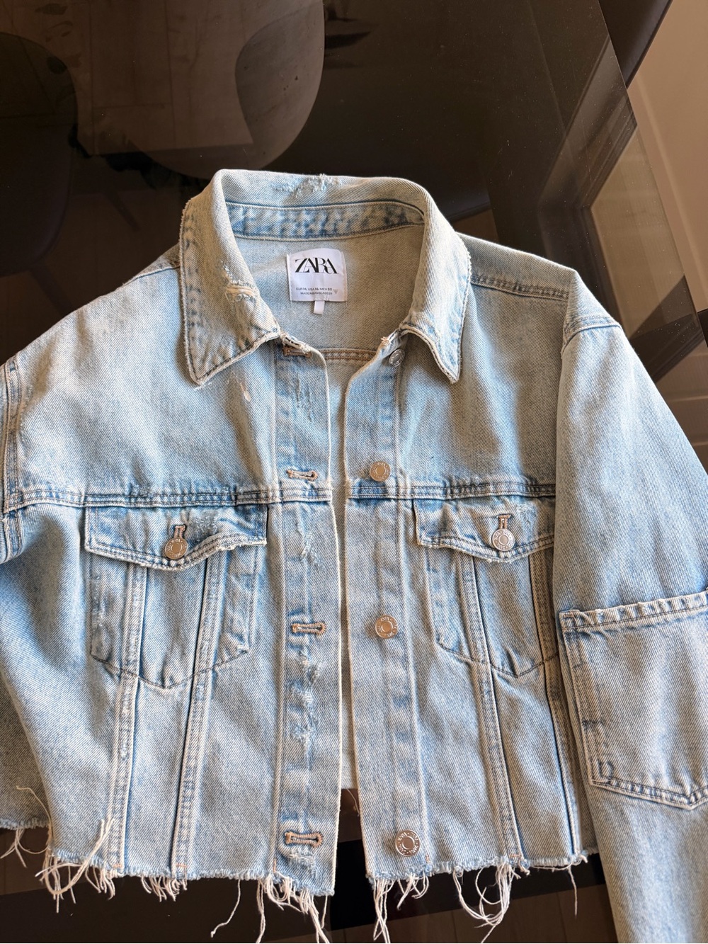 Zara Light Wash Distressed Cropped Denim Jacket